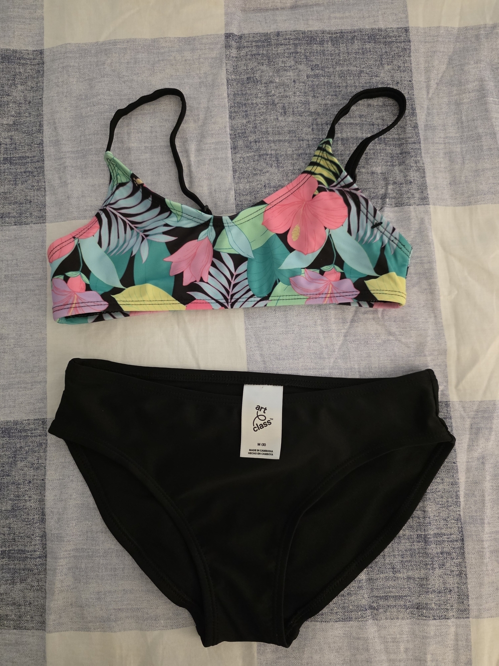 art class Floral Print Bikini Top with Black Bottoms - Pink, Teal, Yellow Sz 8